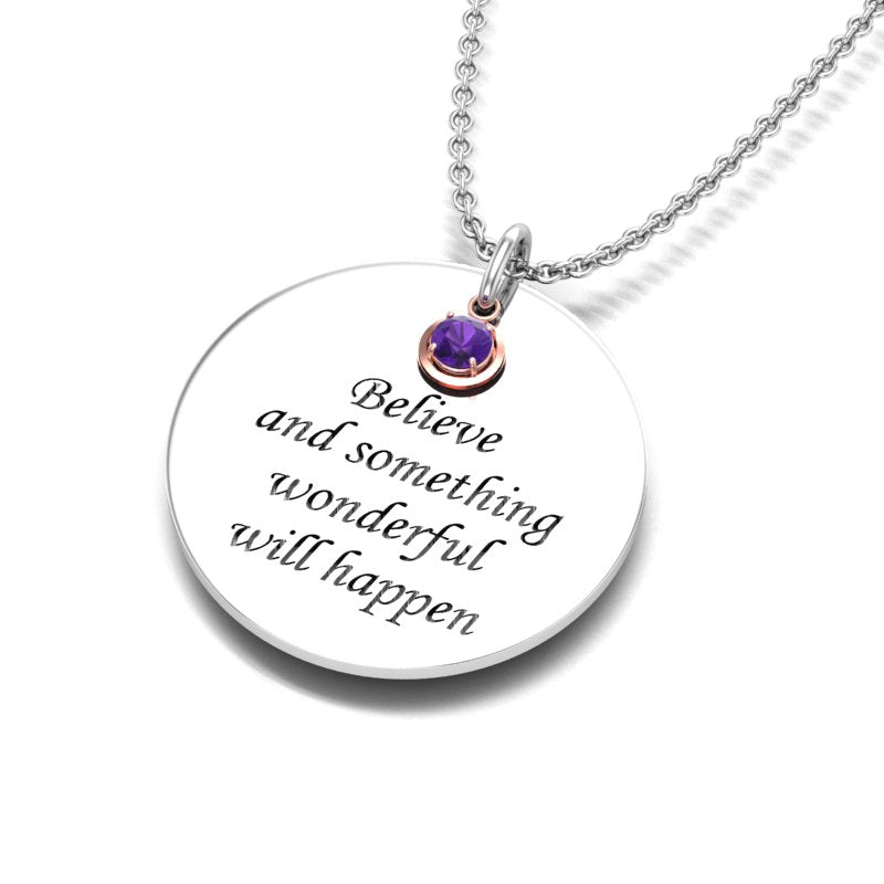 February Amethyst Birthstone Silver Necklace and Rose Charm