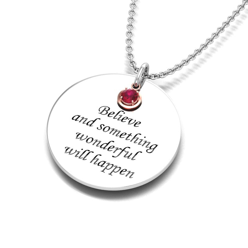 July Ruby Birthstone Silver Necklace and Rose Charm