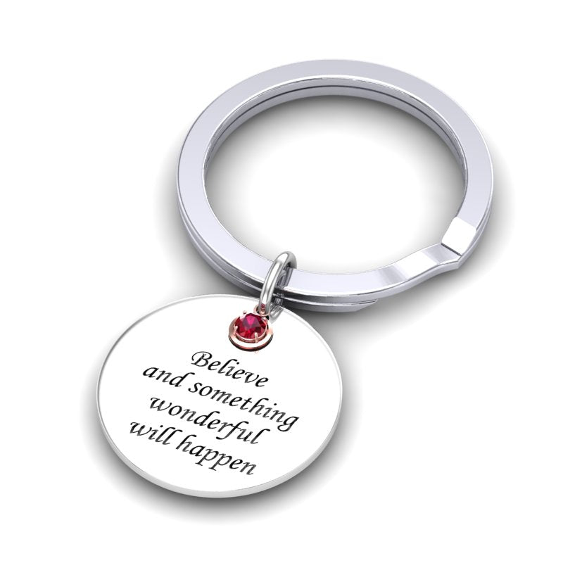 July Ruby Birthstone Silver Keyring and Rose Charm