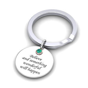 May Emerald Birthstone Silver Keyring and Rose Charm