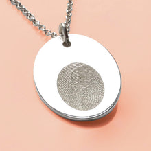 Load image into Gallery viewer, Engraved Fingerprint &quot;October&quot; Fire Opal Birthstone Silver Necklace
