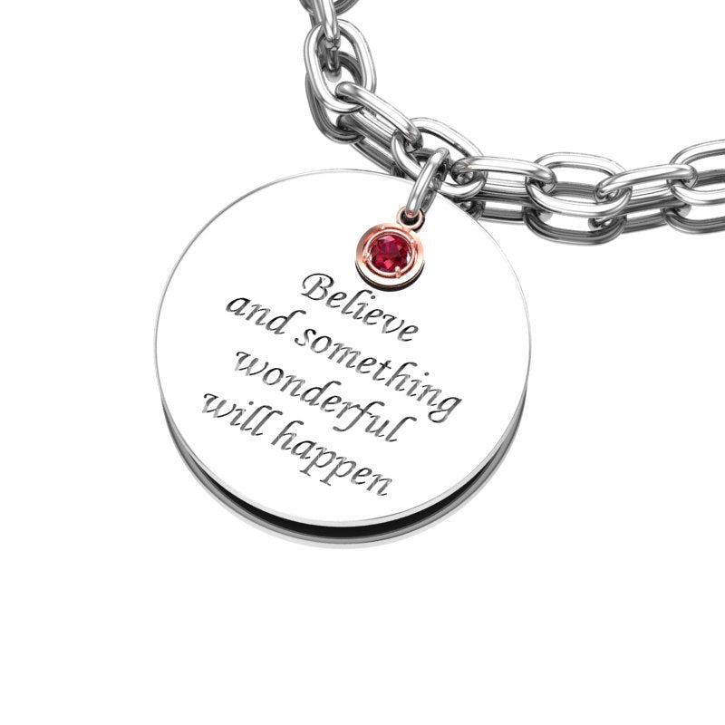 July Ruby Birthstone Silver Bracelet and Rose Charm